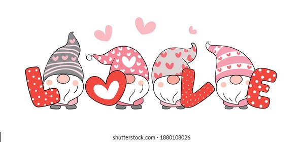 Draw vector illustration character sweet gnomes with word love for valentine day.Cartoon style.
