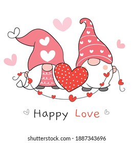 Draw vector illustration character sweet couple love gnomes with little heart for Valentine day.Cartoon style.