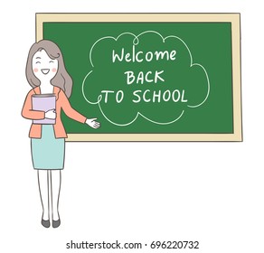 Draw vector illustration character of teacher and blackboard write welcome background back to school.Doodle cartoon style.