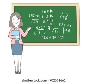 Draw vector illustration character of teacher teach math on blackboard.Doodle cartoon style.