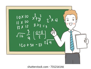 Draw vector illustration character of teacher teaching math and write on blackboard.Doodle cartoon style.