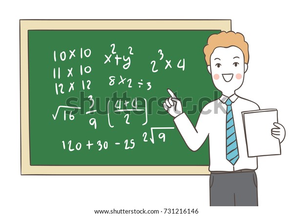 Draw vector illustration\
character of teacher teaching math and write on blackboard.Doodle\
cartoon style.