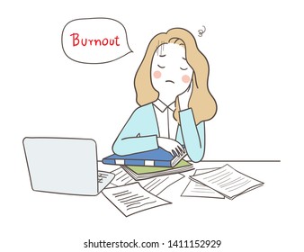 Draw vector illustration character unhappy businesswoman with burnout syndrome at her desk.Health care concept.Doodle cartoon style.