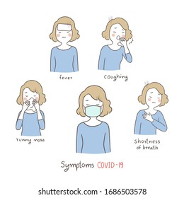 Draw vector illustration character woman with symptoms Coronavirus.COVID-19.Healthcare concept.Doodle cartoon style.