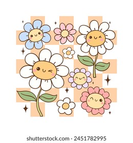 Draw vector illustration checkered retro flower power Hippie florals Positive vibes Printable sublimation for shirt Doodle cartoon style