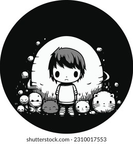 Draw a vector illustration of 
child surrounded by monsters with animal and feel happy. black and white color 