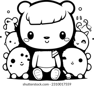 Draw a vector illustration of 
child surrounded by monsters with animal and feel happy. black and white color 