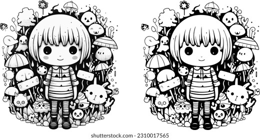 Draw a vector illustration of 
child surrounded by monsters with animal and feel happy. black and white color 