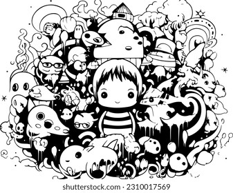 Draw a vector illustration of 
child surrounded by monsters with animal and feel happy. black and white color 