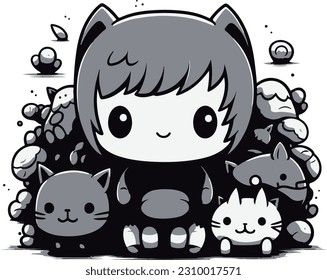 Dibujar una ilustración vectorial de 
niño rodeado de monstruos con animales y se siente feliz. color negro y blanco 