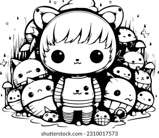 Draw a vector illustration of 
child surrounded by monsters with animal and feel happy. black and white color 