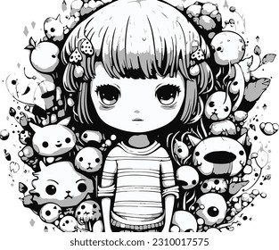 Draw a vector illustration of 
child surrounded by monsters with animal and feel happy. black and white color 
