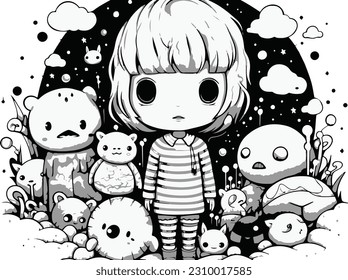 Dibujar una ilustración vectorial de 
niño rodeado de monstruos con animales y se siente feliz. color negro y blanco 