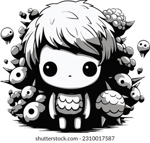 Draw a vector illustration of 
child surrounded by monsters with animal and feel happy. black and white color 