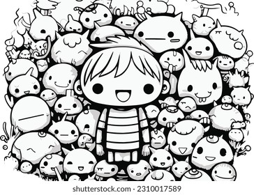 Draw a vector illustration of 
child surrounded by monsters with animal and feel happy. black and white color 