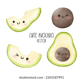 Draw vector illustration collection adorable avocado Food concept Watercolor style