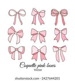Draw vector illustration collection adorable coquette pink bow Soft girl Trendy girly Doodle cartoon style