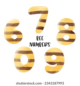 Draw vector illustration collection alphabet bee numbers Six to nine Watercolor style