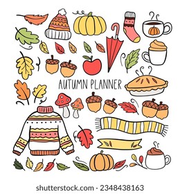 Draw vector illustration collection autumn planner Cute bullet journals Doodle cartoon style