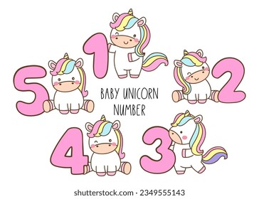 Draw vector illustration collection baby unicorn number birthday Doodle cartoon style