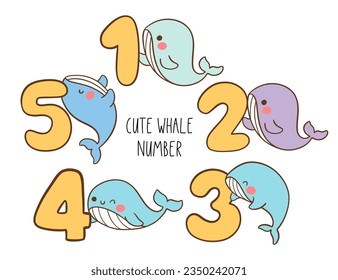 Draw vector illustration collection baby whale number Kids birthday Printable shirt Doodle cartoon style