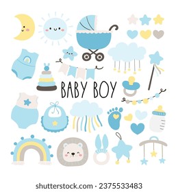 Draw vector illustration collection baby boy element For baby shower Nursery Birthday kids Greeting card Poster Template