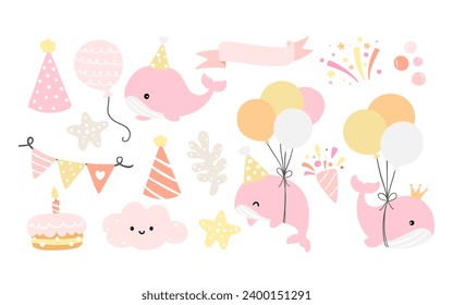 Draw vector illustration collection baby pink whale girl For baby shower Nursery Birthday kids Greeting card Poster Template