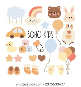 Draw vector illustration collection boho element kids For baby shower Nursery Birthday Greeting card Poster Template Scandinavian style