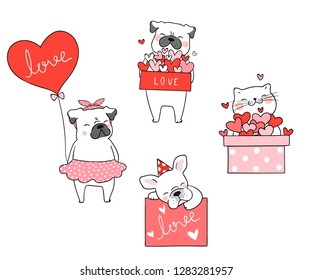 Draw vector illustration collection cat and pug dog with little heart for valentine's day.Isolated on white.Doodle cartoon style.