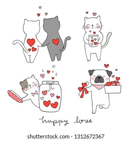 Draw vector illustration collection cat and pug dog with little heart for valentine's day.Isolated on white.Doodle cartoon style.