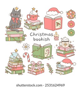 Draw vector illustration collection christmas bookish Book lover Reading club Doodle cartoon style