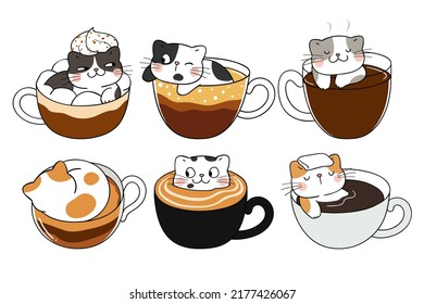 Draw vector illustration collection coffee cats Cafe concept Doodle cartoon style