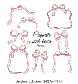 Draw vector illustration collection coquette pink bow Solf girl Ribbon frame Doodle cartoon style