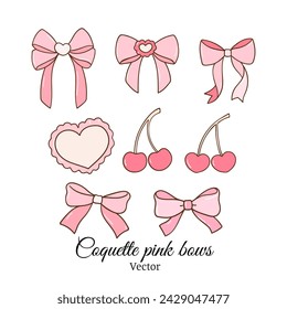 Draw vector illustration collection coquette cherry with pink bow Soft girl Trendy girly Doodle cartoon style