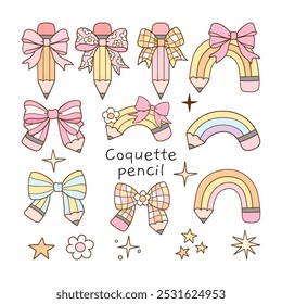 Draw vector illustration collection Coquette pencil bow Back to school For education Classroom decor Doodle cartoon style