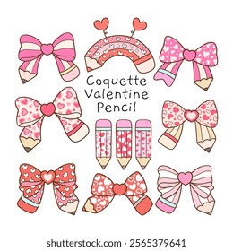 Draw vector illustration collection coquette pencil bows for valentine Love teaching Doodle cartoon style