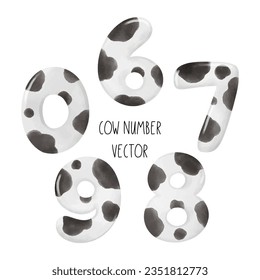 Draw vector illustration collection cow print number Birthday kids Watercolor painting