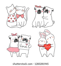 Draw vector illustration collection cute cat and pug dog with little heart for valentine's day.Isolated on white.Doodle cartoon style.