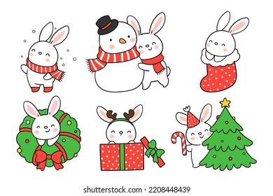 Draw vector illustration collection cute bunny for Christmas and winter Doodle cartoon style