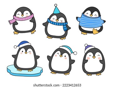 Dibujar colección de ilustraciones vectoriales lindo pingüino Navidad e invierno Estilo de dibujos animados Doodle