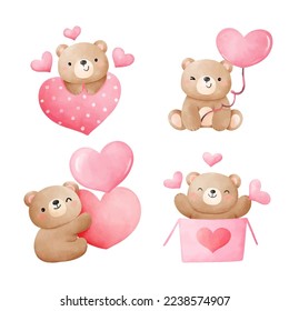 Draw vector illustration collection cute bear with pink heart for valentine day Watercolor style