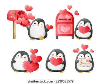 Draw vector illustration collection cute penguins with red heart for valentine day Watercolor style