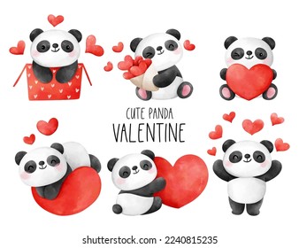 Draw vector illustration collection cute panda with red heart for valentine day Watercolor style