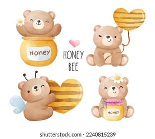Dibujar la colección de ilustraciones vectoriales oso lindo con abeja miel para primavera y verano Estilo de acuarela