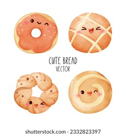 Draw vector illustration collection cute bread Bakery concept Watercolor style