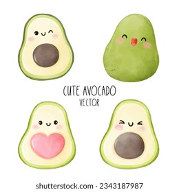 Draw vector illustration collection cute avocado Food concept Watercolor style