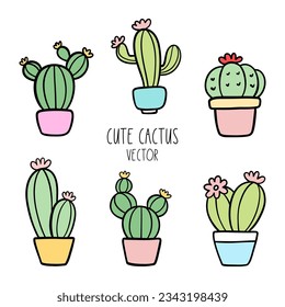 Draw vector illustration collection cute cactus Doodle style
