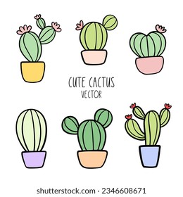 Draw vector illustration collection cute cactus Garden plants in pot Doodle style