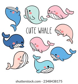 Dibujar la colección de ilustraciones vectoriales lindo estilo de dibujos animados de ballena bebé Doodle