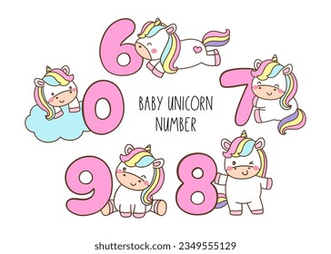 Draw vector illustration collection cute baby unicorn number birthday Doodle cartoon style